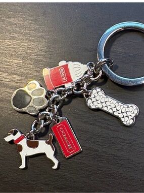 Coach Silver Red Enamel Dog Paw & Bone Charm Key Ring